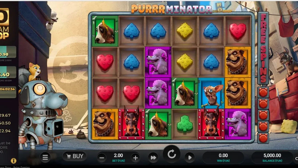 Pemandangan futuristik dan karakter kucing robot dalam slot Purrrminator Dream Drop