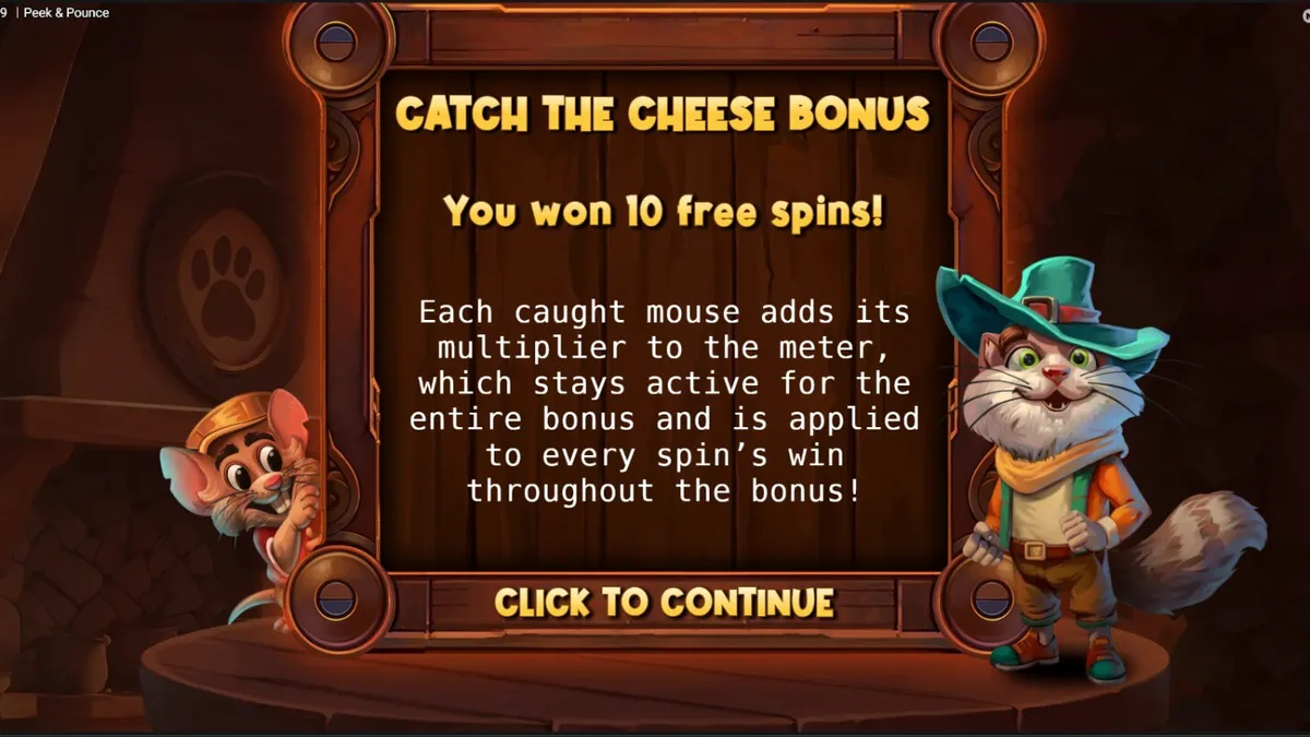 Tampilan visual slot Peek & Pounce dengan karakter kucing dan tikus di latar dapur pedesaan